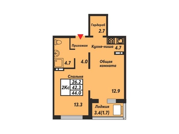 Планировка 2-комнатной квартиры 44 кв.м