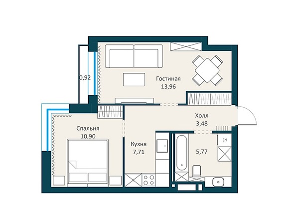 Планировка 1-комн 41,82 - 42,26 м²