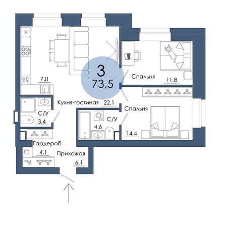 Планировка 3-комн 73,5 м²