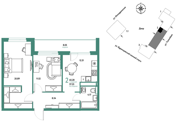Планировка 2-комн 65,28 м²