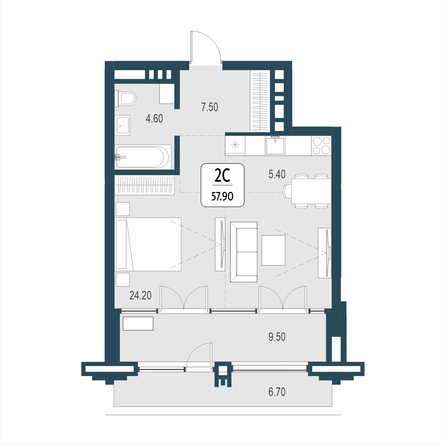 Планировка 2-комн 57,02, 57,9 м²