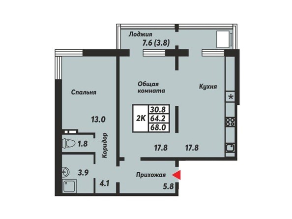 Планировка 2-комнатной квартиры 68 кв.м