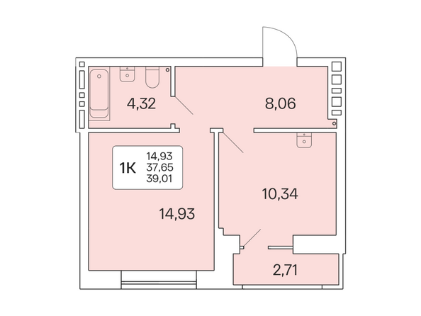 Планировка 1-комн 39,01 м²