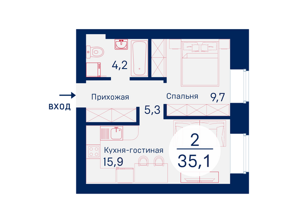 Планировка двухкомнатной квартиры 35,1 кв.м