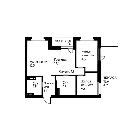 Планировка 3-комн 76,4 м²