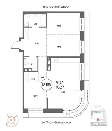 Планировка 3-комн 95,27, 95,69 м²