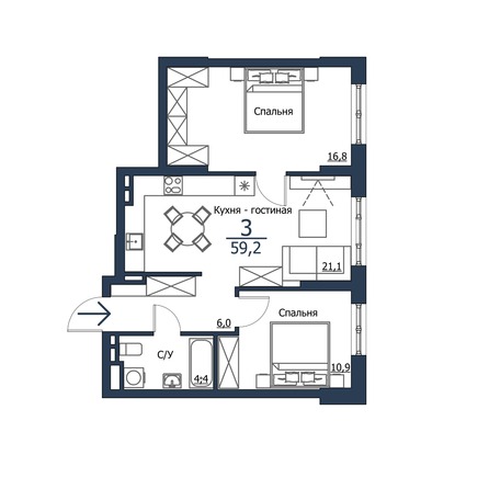 Планировка 3-комн 59,2 м²