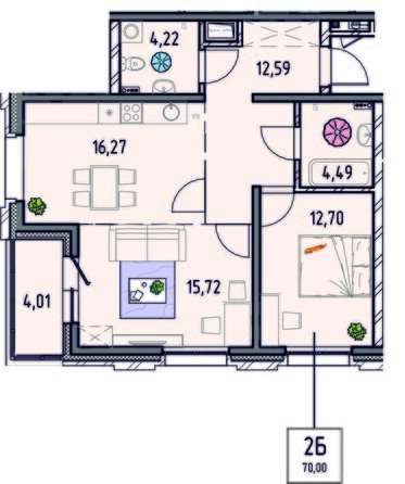 Планировка 2-комн 68,6 - 70 м²