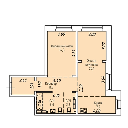 Планировка 2-комн 61,2 м²