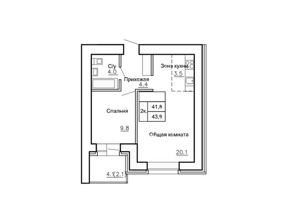 Планировка двухкомнатной квартиры 43,9 кв.м
