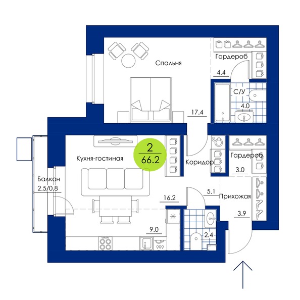Планировка 2-комн 66,2 м²
