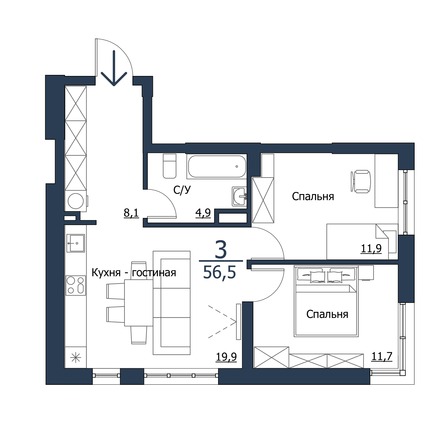 Планировка 3-комн 56,5 м²