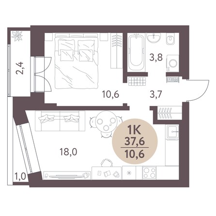 Планировка 1-комн 37,6 м²