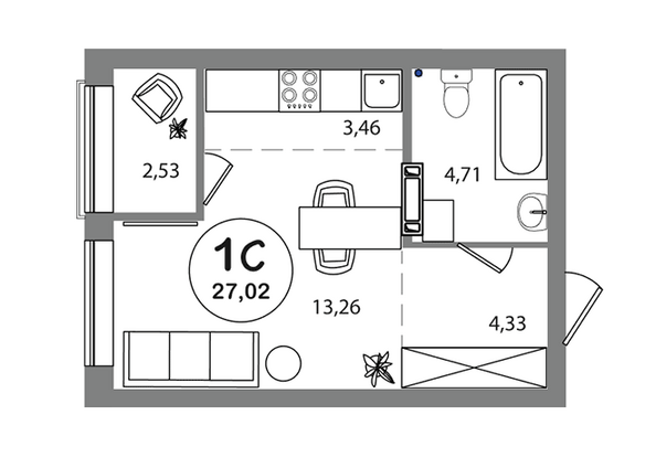 Планировка Студия 26,93, 27,02 м²