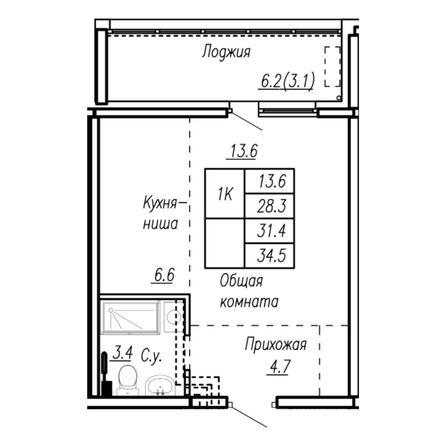 Планировка 1-комн 31,4 м²