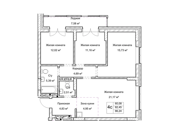 Планировка четырехкомнатной квартиры 82,4 кв.м