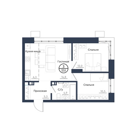 Планировка 3-комн 53,8 м²