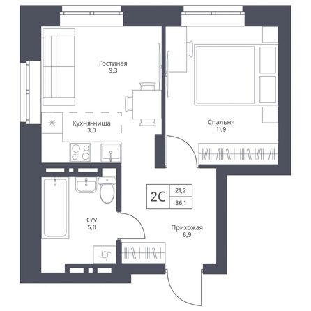 Планировка 1-комн 36,1, 36,3 м²