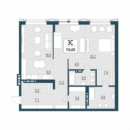 Планировка 3-комн 114,6 м²