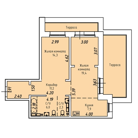 Планировка 2-комн 83,2 м²