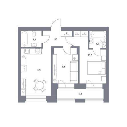 Планировка 2-комн 55,9, 56,3 м²