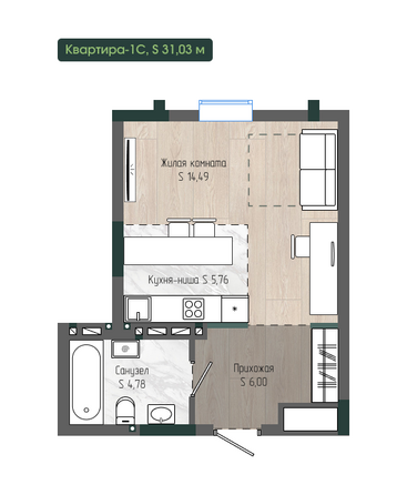 Планировка 1-комн 31,03 м²