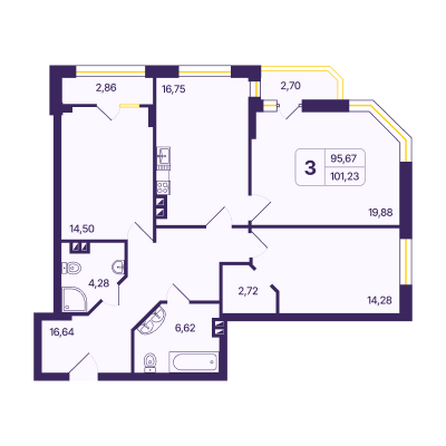 Планировка 3-комн 100,77 - 101,24 м²