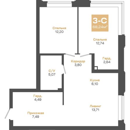 Планировка 3-комн 68,24 м²