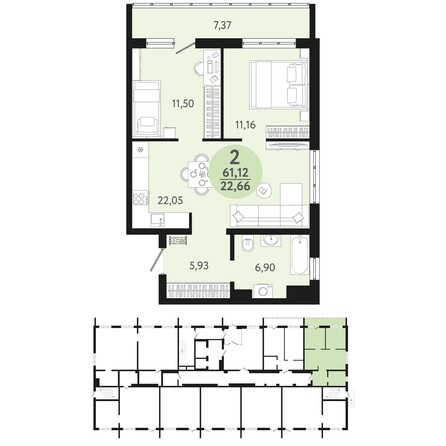 Планировка 2-комн 61,12 м²