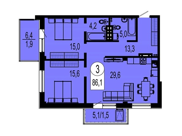 Планировка трехкомнатной квартиры 86,1 кв.м