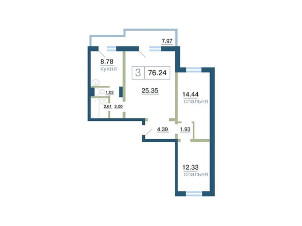 Планировка 3-комн 76,24 м²