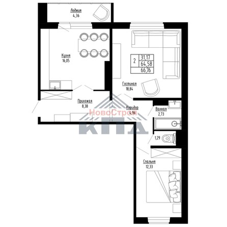 Планировка 2-комн 67 м²