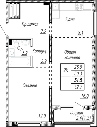 Планировка 2-комн 51,5 м²
