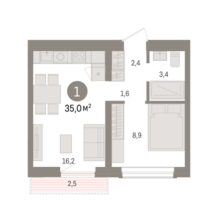 Планировка 1-комн 34,99 м²