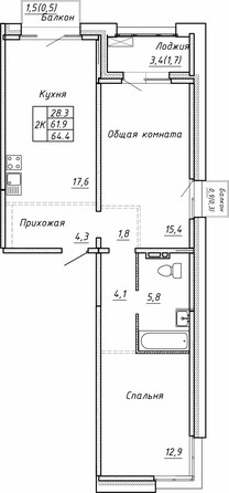 Планировка 2-комн 64,4 м²