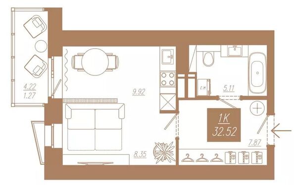 Планировка 1-комн 32,52 м²
