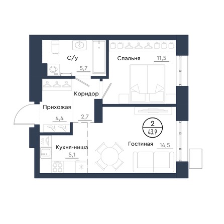 Планировка 2-комн 43,9 м²