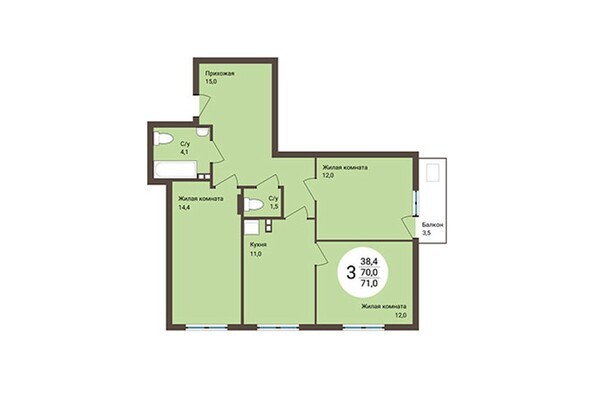 Планировка 3-комнатной квартиры 71 кв.м