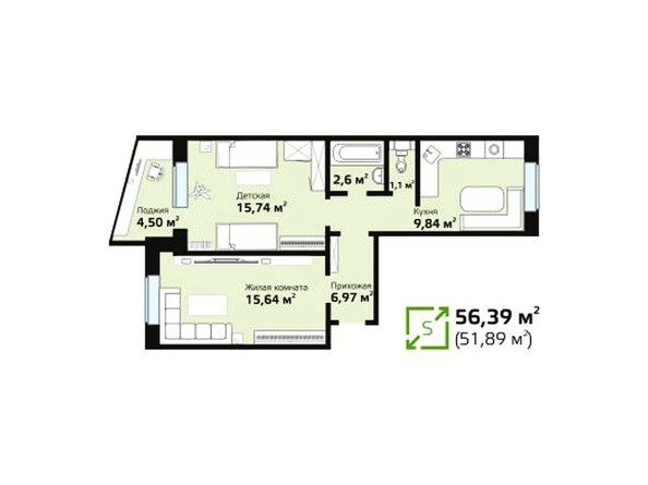 Планировка двухкомнатной квартиры 56,39 кв.м