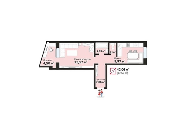 Планировка однокомнатной квартиры 42,06 кв.м