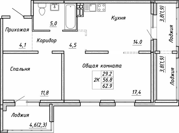 Планировка 2-комн 62,9 м²