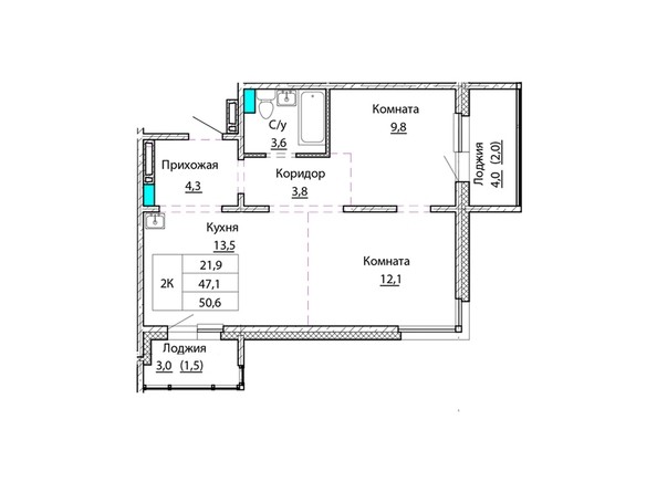 Планировка двухкомнатной квартиры 50,6 кв.м