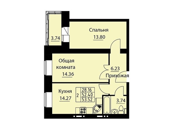 Планировка двухкомнатной квартиры 53,52 кв.м