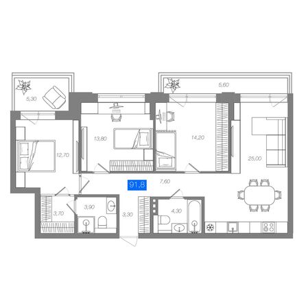 Планировка 3-комн 91,8 м²