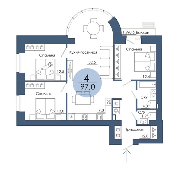 Планировка 4-комн 97 м²