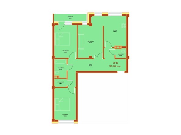 Планировка трехкомнатной квартиры 91,78 кв.м