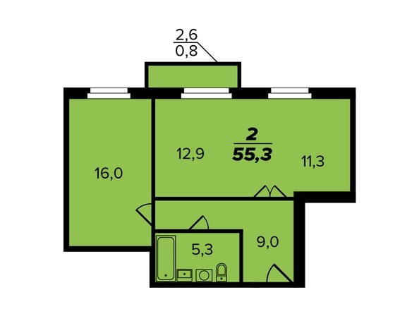 2-комнатная 55,3 кв.м. 2 секция