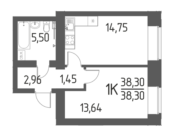 Планировка 1-комн 38,3 м²