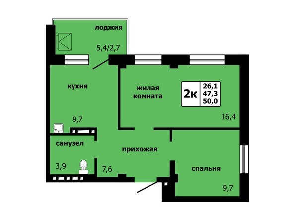 Планировка 2-комнатной квартиры 50 кв.м