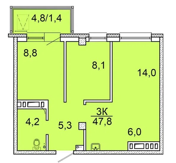 Планировка 3-комн 46,7 - 47,8 м²